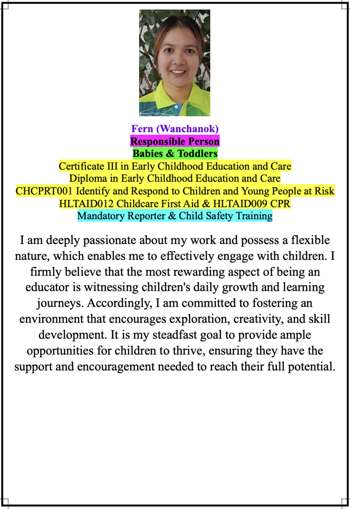 Staff profile introduction for Fern Wanchanok at Super Stars Early Learning Centre and OSHC