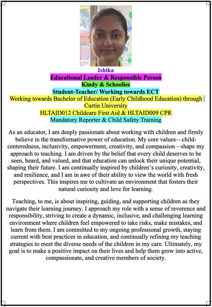 Staff profile introduction for Ishika at Super Stars Early Learning Centre and OSHC