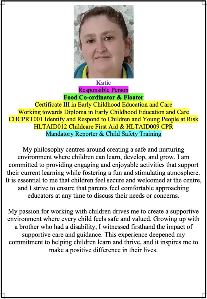 Staff profile introduction for Katie at Super Stars Early Learning Centre and OSHC