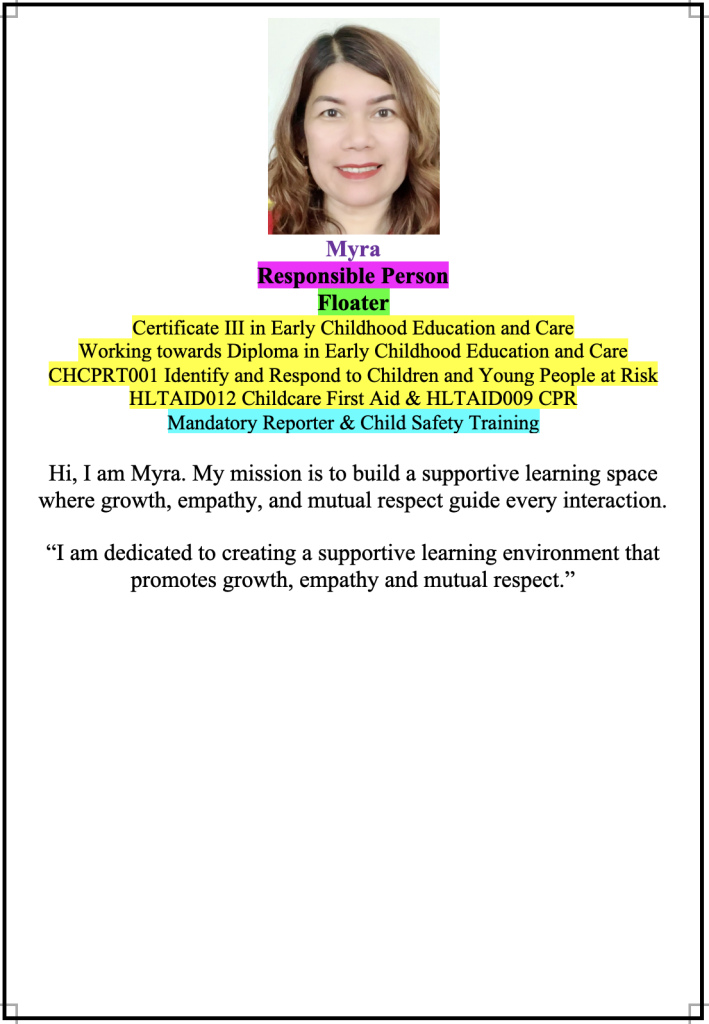 Staff profile introduction for Myra at Super Stars Early Learning Centre and OSHC