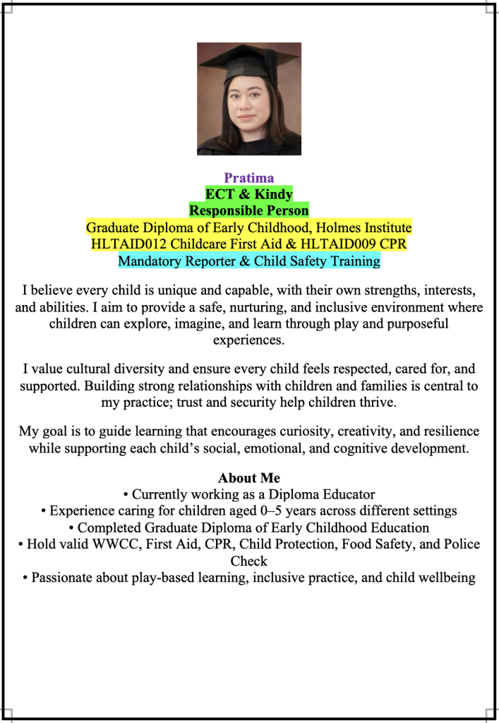 Staff profile introduction for Pratima at Super Stars Early Learning Centre and OSHC