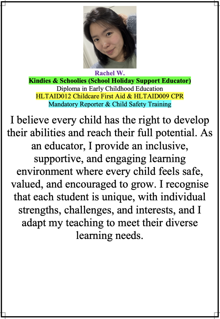 Staff profile introduction for Rachel W at Super Stars Early Learning Centre and OSHC