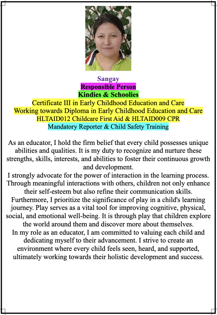Staff profile introduction for Sangay at Super Stars Early Learning Centre and OSHC