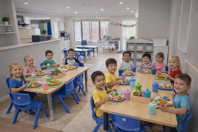 Children sharing a nutritious lunchtime meal at Super Stars Early Learning Centre in Cooloongup