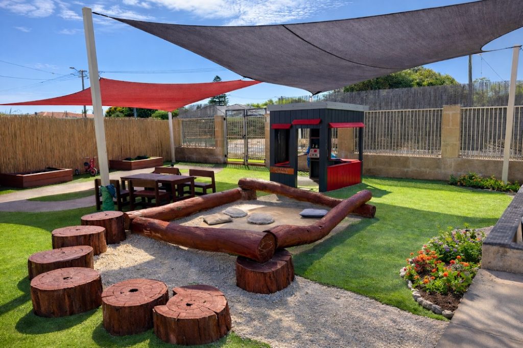Shaded outdoor nature play environment at Super Stars Early Learning Centre Cooloongup